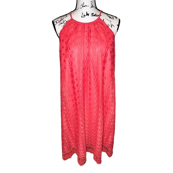 Maggy London Pink Lace Eyelet Keyhole Back Sleeveless Asymmetrical Dress Size 14 - Picture 6 of 11